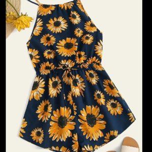 Women's Plus Sunflower Tie Waist Blue Romper XL THROUGH 4XL